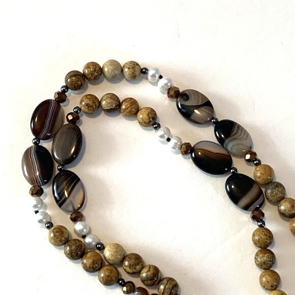 Vtg Agate Cultured Pearl Necklace Polished Gemstones Bold Southwest Statement - Picture 8 of 13